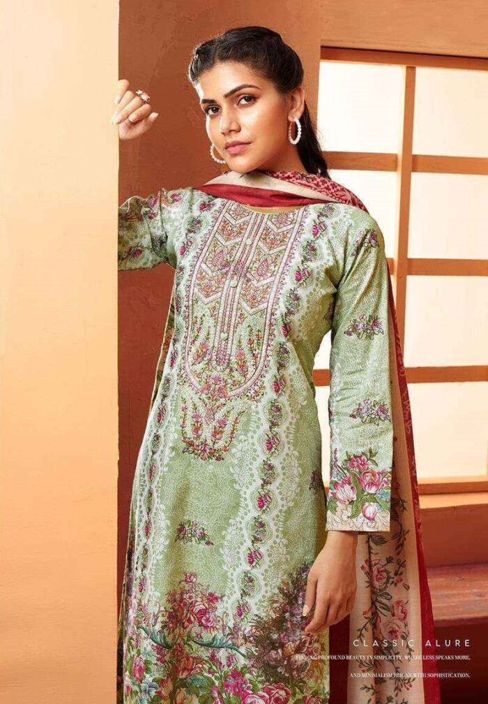 Lite Green Riaz Artz Musafir Vol 3 Simple Pure Karachi Lawn Pakistani Dress Material