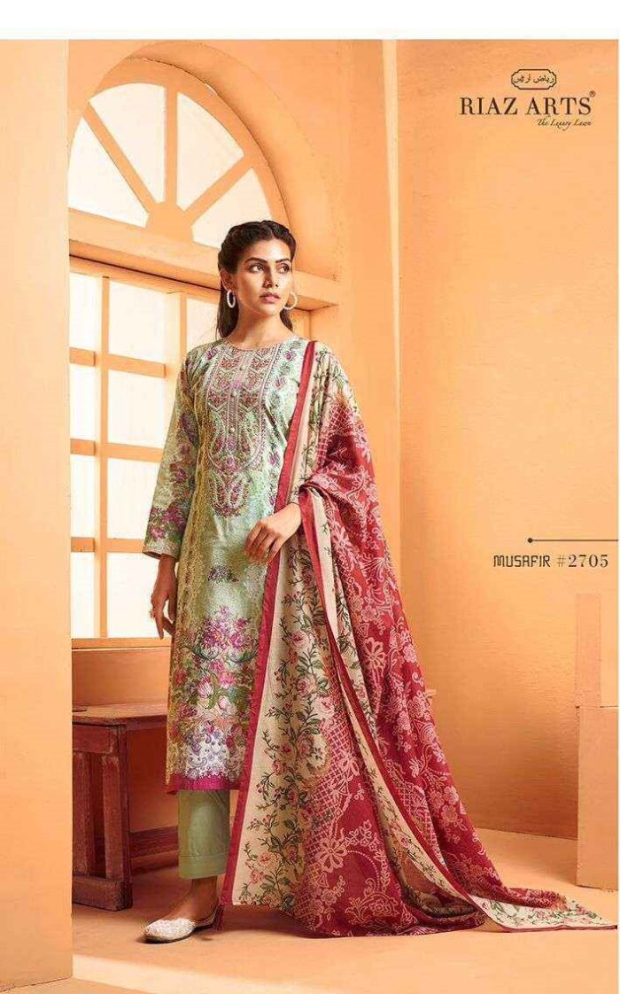 Lite Green Riaz Artz Musafir Vol 3 Simple Pure Karachi Lawn Pakistani Dress Material