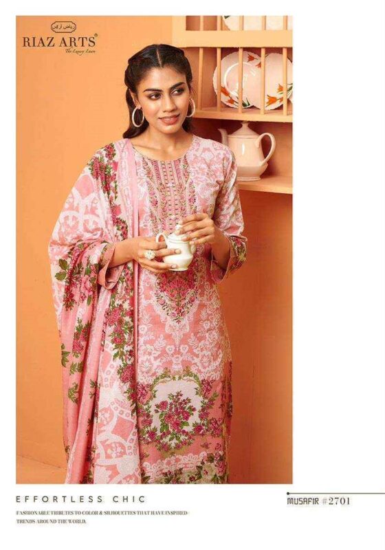 Baby Pink Riaz Artz Musafir Vol 3 Simple Pure Karachi Lawn Pakistani Dress Material