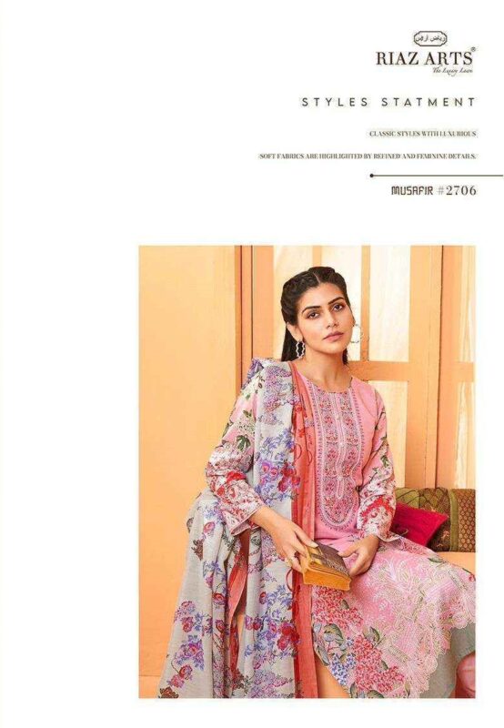 Pink White Work Riaz Artz Musafir Vol 3 Simple Pure Karachi Lawn Pakistani Dress Material