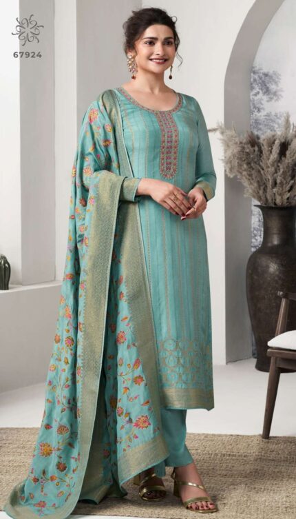 Feroza Blue Vinay Fashion Kuleesh Sanaya Vol 2 Muslin Jacquard Dress