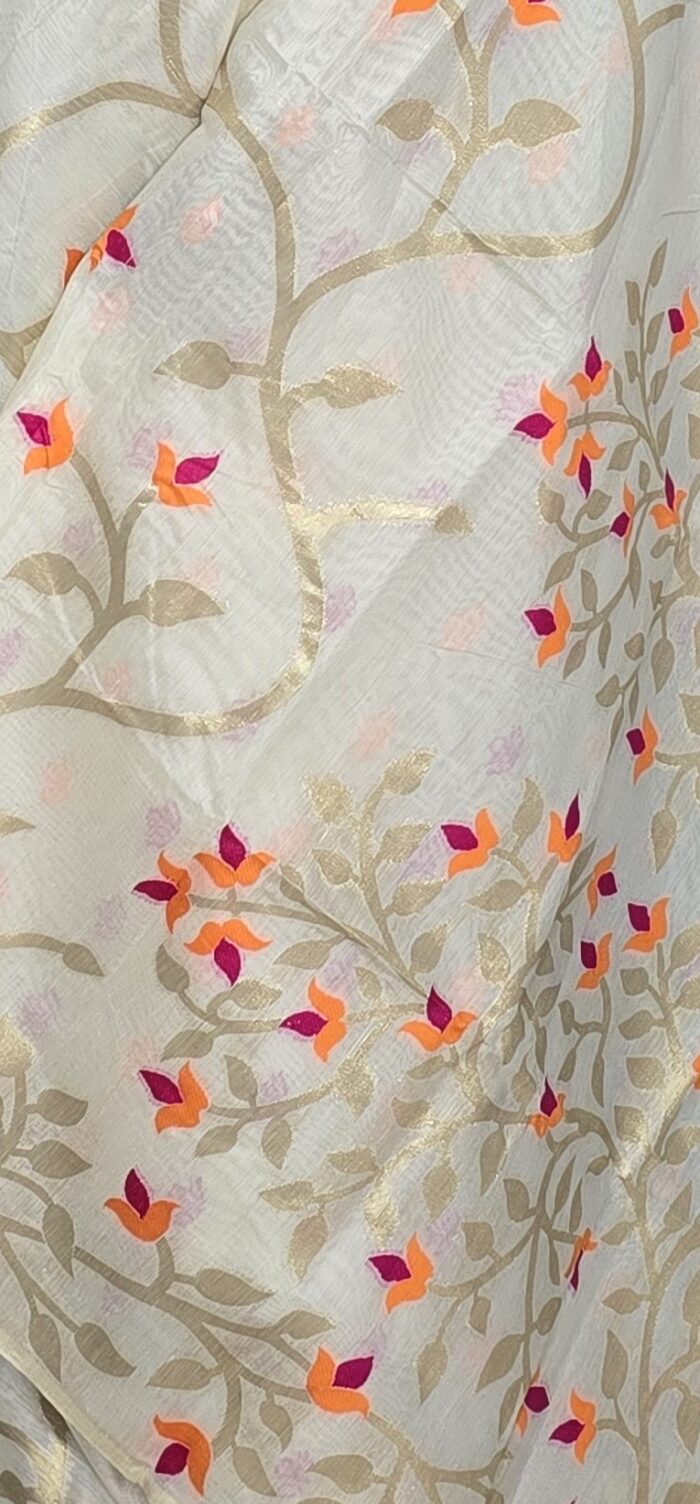 Tantuja Traditional Soft Tussar Saree in Light Beige, Orange, Hot Pink and Brush Golden Zari Weave