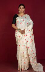 Tantuja Traditional Soft Tussar Saree in Light Beige, Orange, Hot Pink and Brush Golden Zari Weave