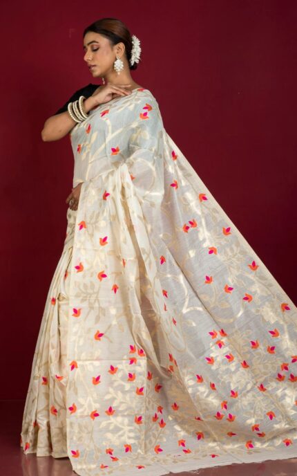 Tantuja Traditional Soft Tussar Saree in Light Beige, Orange, Hot Pink and Brush Golden Zari Weave