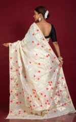 Tantuja Traditional Soft Tussar Saree in Light Beige, Orange, Hot Pink and Brush Golden Zari Weave