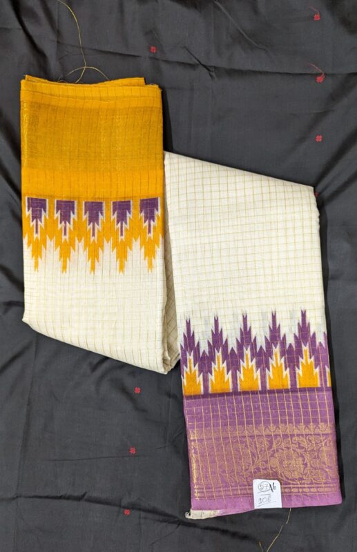 Purple and Yellow Ganga Jamuna Design Original Indian Half Silk Double Par Madurai Sungudi Zari Checks Saree with Blouse Piece