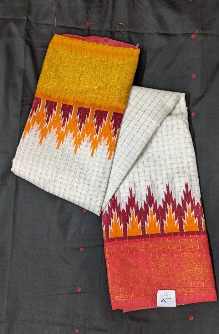 Red and Yellow Ganga Jamuna Design Original Indian alf Silk Double Par Madurai Sungudi Zari Checks Saree with Blouse Piece