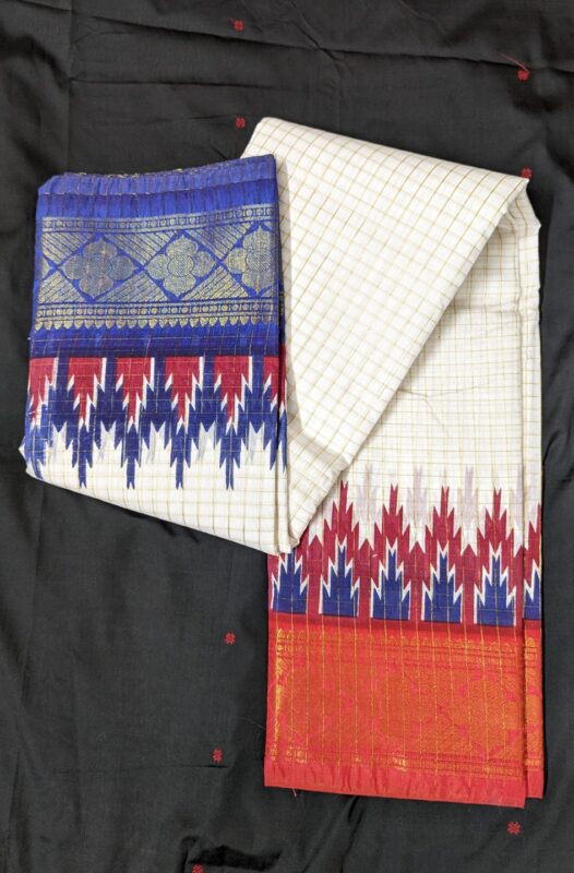 Red and Blue Ganga Jamuna Design Original Indian alf Silk Double Par Madurai Sungudi Zari Checks Saree with Blouse Piece