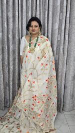 Tantuja Traditional Soft Tussar Saree in Light Beige, Orange, Hot Pink and Brush Golden Zari Weave