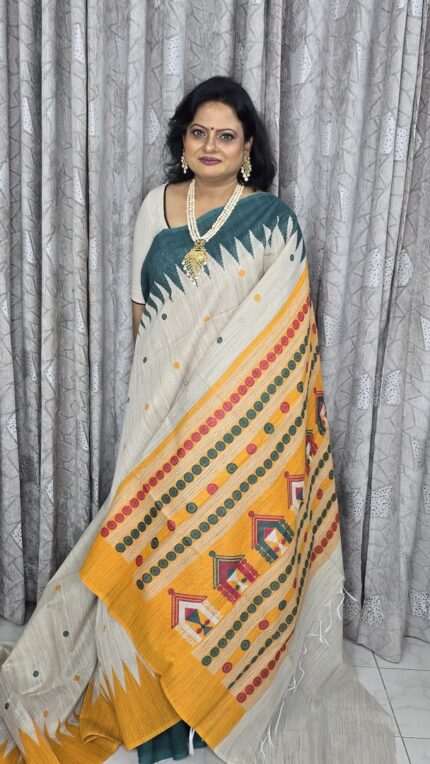 Dolabedi pallu weaved tussar silk temple border saree