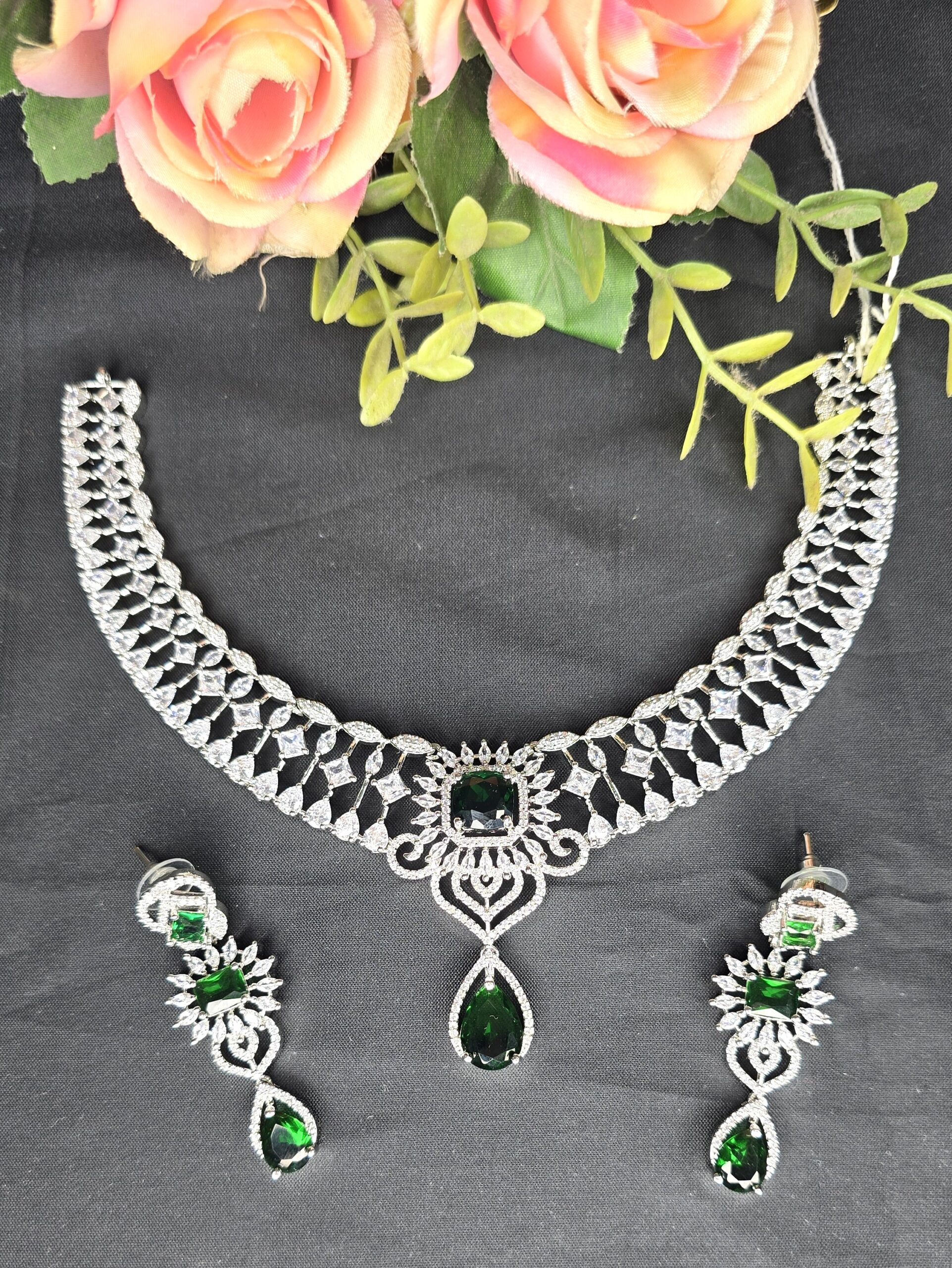 Silver Plated Luxury American Diamond Princess Green Stone Crystal Pendant Necklace & Earrings