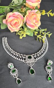 Silver Plated Luxury American Diamond Princess Green Stone Crystal Pendant Necklace & Earrings