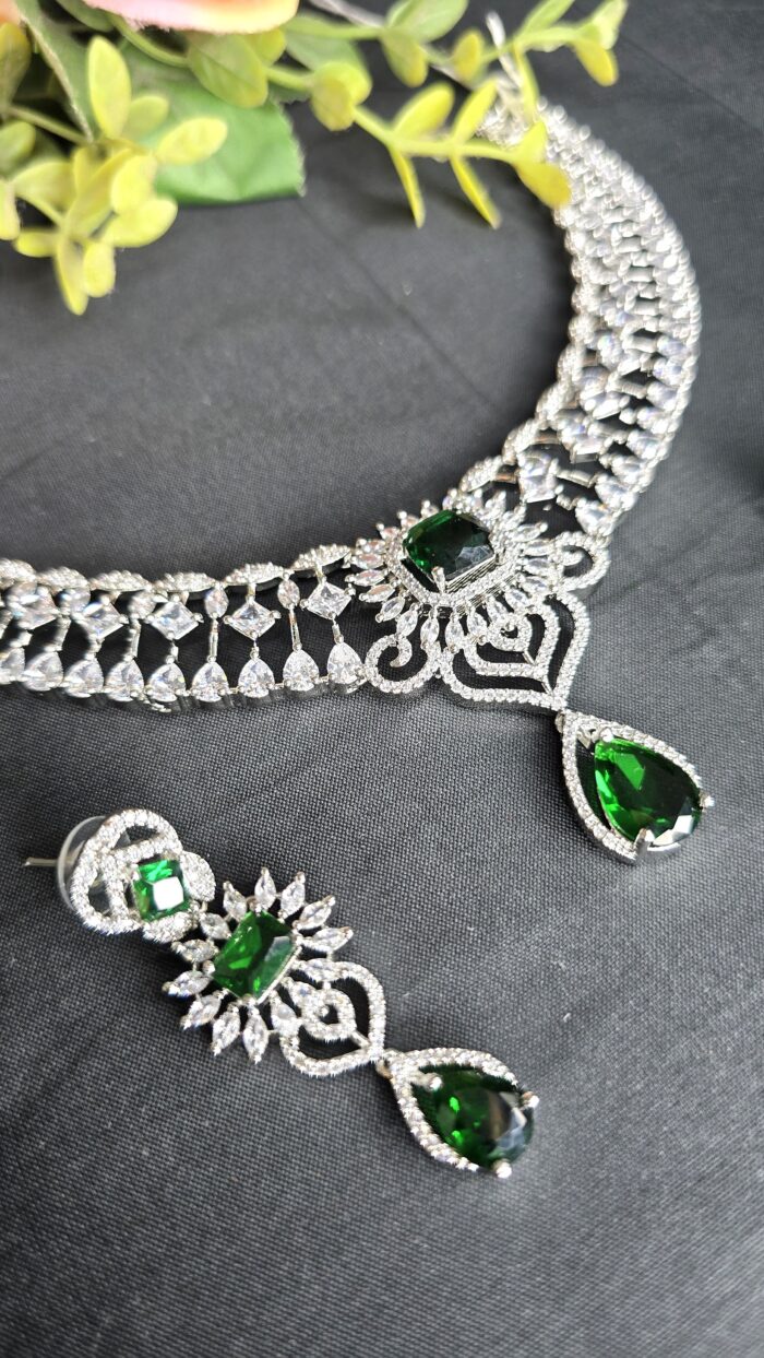 Silver Plated Luxury American Diamond Princess Green Stone Crystal Pendant Necklace & Earrings