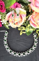 Silver Plated Luxury American Diamond Princess Green Stone Crystal Pendant Necklace & Earrings