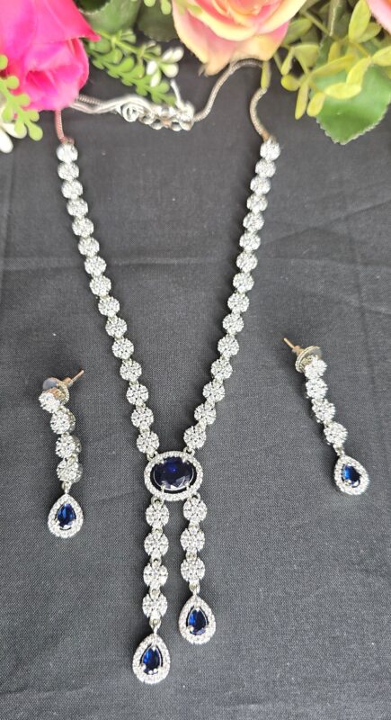 Silver Plated Luxury American Diamond Princess Blue Stone Crystal Pendant Necklace & Earrings