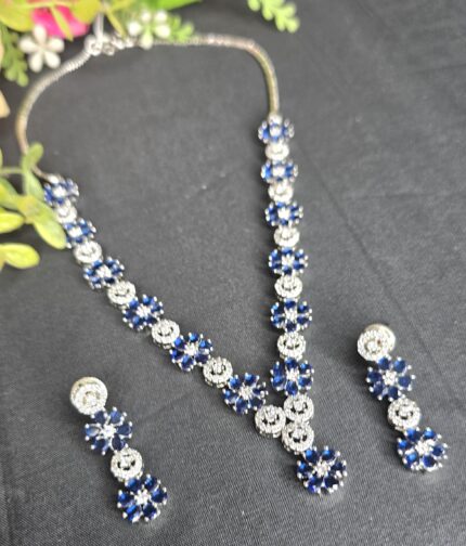 Silver Plated Luxury American Diamond Princess Blue Stone Crystal Pendant Necklace & Earrings