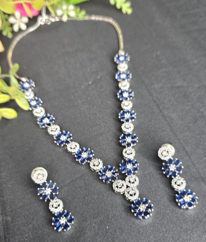 Silver Plated Luxury American Diamond Princess Blue Stone Crystal Pendant Necklace & Earrings