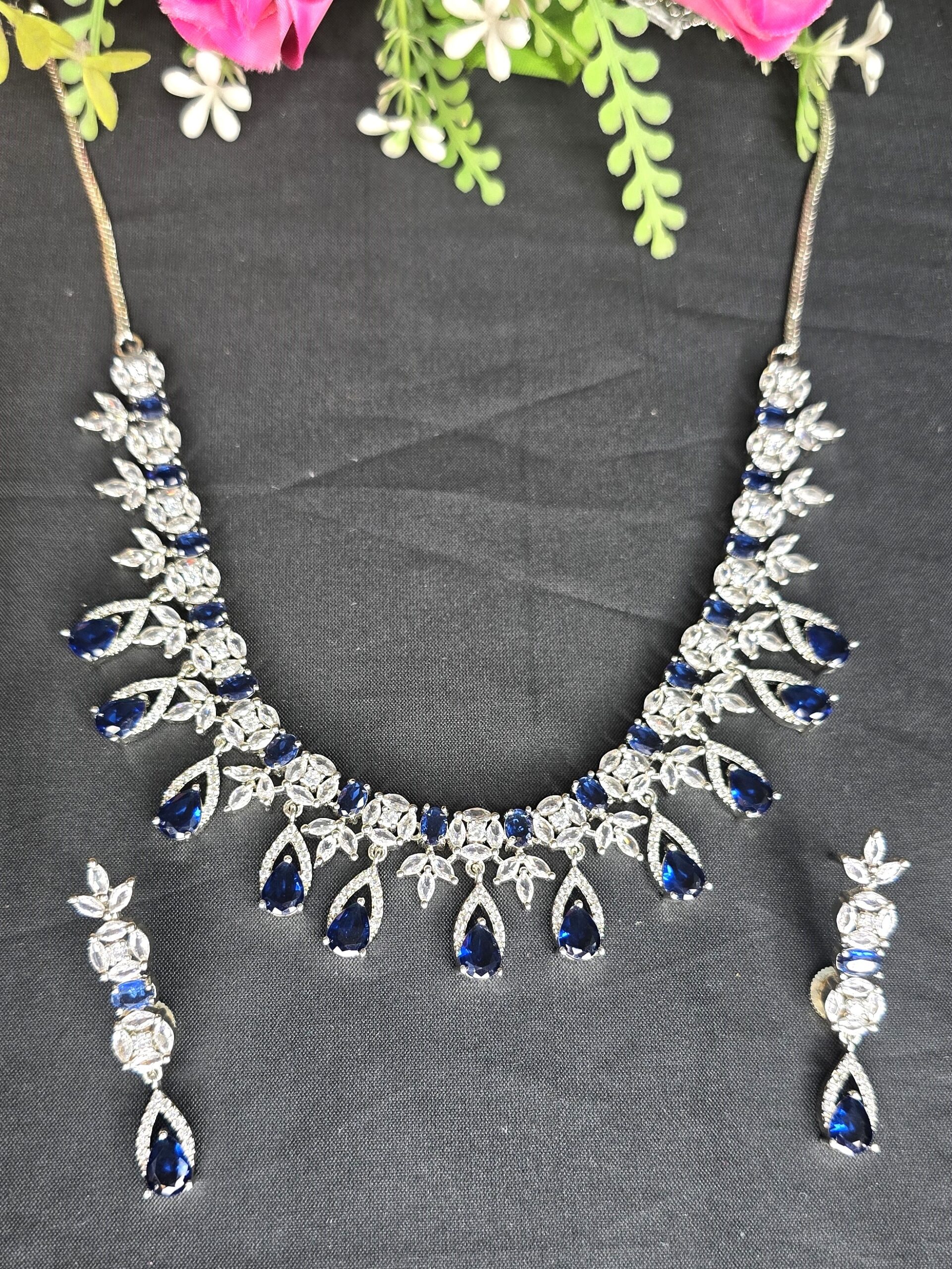 Silver Plated Luxury American Diamond Princess Blue Stone Crystal Pendant Necklace & Earrings