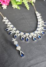 Silver Plated Luxury American Diamond Princess Blue Stone Crystal Pendant Necklace & Earrings