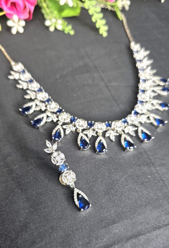 Silver Plated Luxury American Diamond Princess Blue Stone Crystal Pendant Necklace & Earrings