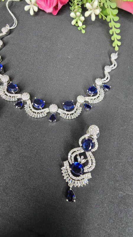 Silver Plated Luxury American Diamond Princess Blue Stone Crystal Pendant Necklace & Earrings