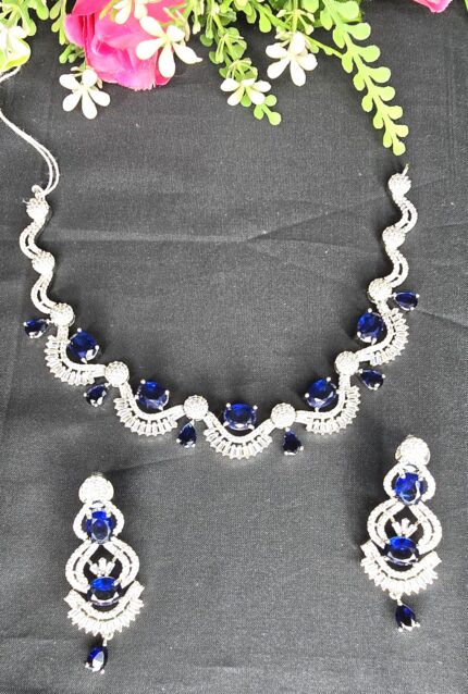 Silver Plated Luxury American Diamond Princess Blue Stone Crystal Pendant Necklace & Earrings