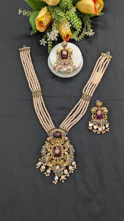 Vintage 5 Strand Pearl Gold-Plated Sita with Earrings Jewellery Set