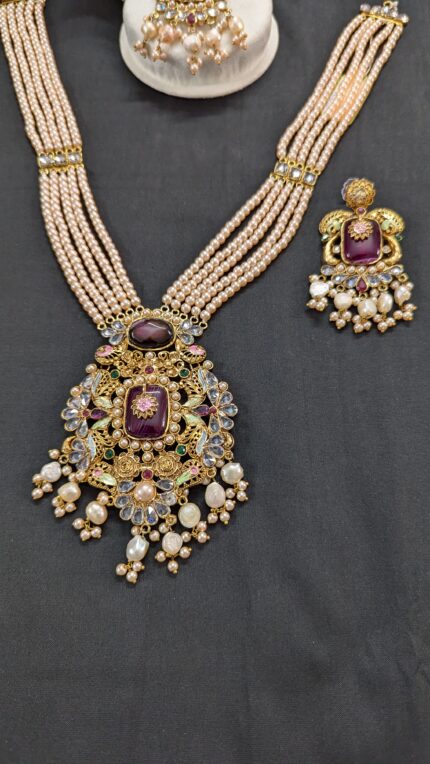 Vintage 5 Strand Pearl Gold-Plated Sita with Earrings Jewellery Set